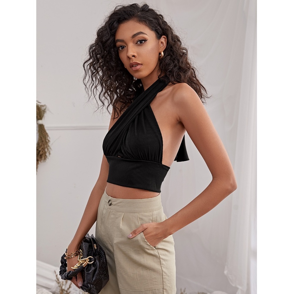 Criss Cross Black Rib Knit Crop Halter Top - Picture 3 of 6